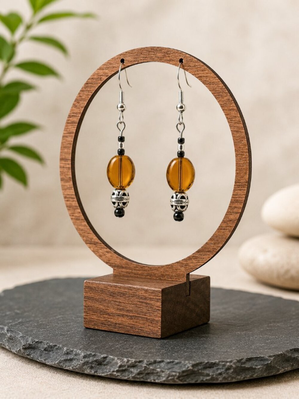 Amber Glass Bead Drop Earrings Gold Black | Handmade - Picture 4 of 5